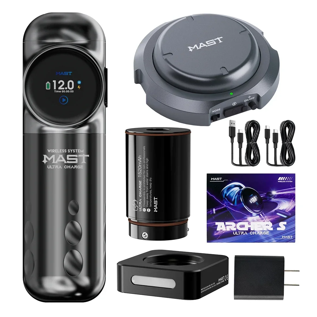 Fast Charge Mast Archer S Ultra Wireless Tattoo Pen with 2 Batteries Charging Base Wireless Foot Pedal Tattoo Kit Complete